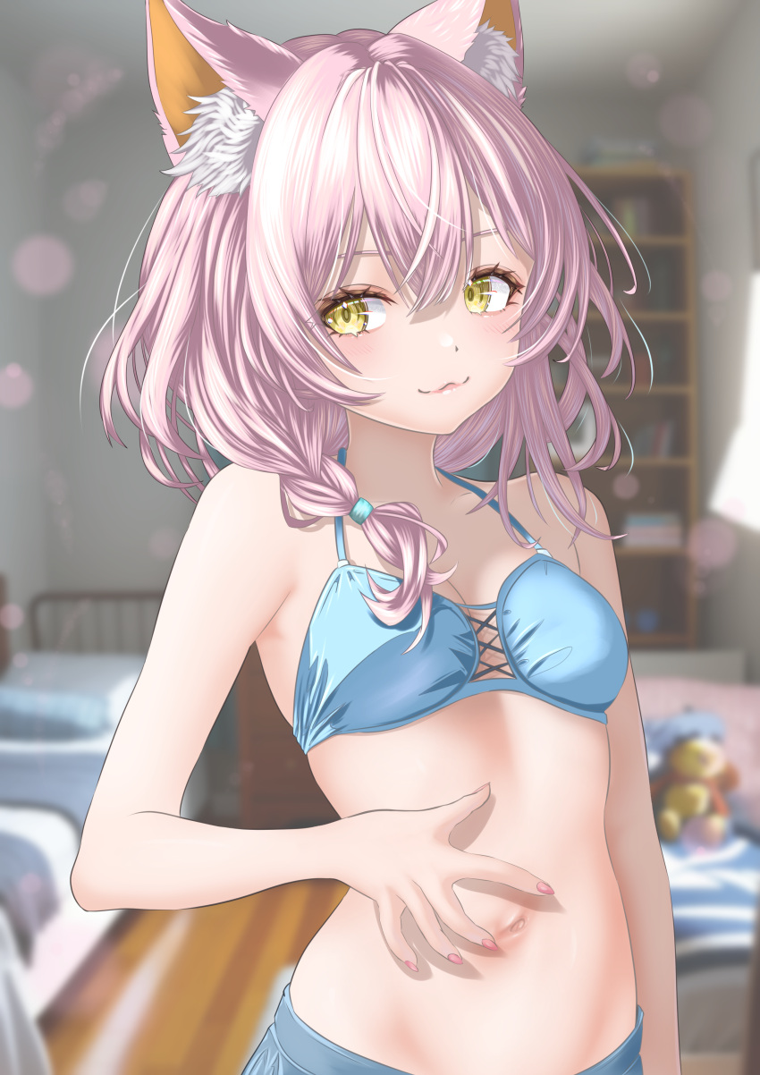 absurdres animal_ear_fluff animal_ears aqua_bikini aqua_skirt bare_shoulders bikini bikini_top_only blurry blurry_background blush braid breasts cat_ears commission female hair_between_eyes highres indoors long_hair looking_at_viewer medium_breasts navel original pink_hair pixiv_commission skirt small_breasts smile solo spread_navel stomach swimsuit upper_body wakaunderblade7 yellow_eyes