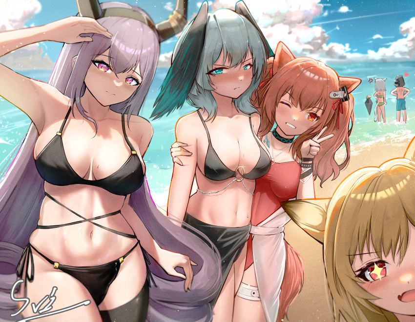 +_+ 1other 5girls absurdres alternate_costume angelina_(arknights) angelina_(summer_flower)_(arknights) animal_ears aqua_eyes arknights bare_shoulders beach belt bikini black_bikini black_hairband black_horns black_sarong black_thighhighs blonde_hair blue_shorts blue_sky blush breasts breasts_apart brown_hair casual_one-piece_swimsuit cat_ears cat_girl cat_tail ceobe_(arknights) cleavage cloud cloudy_sky creator_connection detached_hood doctor_(arknights) dog_ears fake_horns feathered_wings fox_ears fox_girl fox_tail green_bikini grey_hair hairband hat head_wings heart highres ho'olheyak_(arknights) horns hug infection_monitor_(arknights) jewelry kal'tsit_(arknights) large_breasts long_hair looking_at_viewer material_growth mon3tr_(arknights) multiple_girls navel necklace oerba_yun_fang official_alternate_costume one-piece_swimsuit open_mouth oripathy_lesion_(arknights) purple_eyes purple_hair red_eyes red_hairband red_one-piece_swimsuit sarong shorts single_thighhigh skin_fang sky smile sviggum swimsuit swimsuit_cover-up tail thigh_belt thigh_strap thighhighs twintails typhon_(arknights) v very_long_hair water white_hat wings