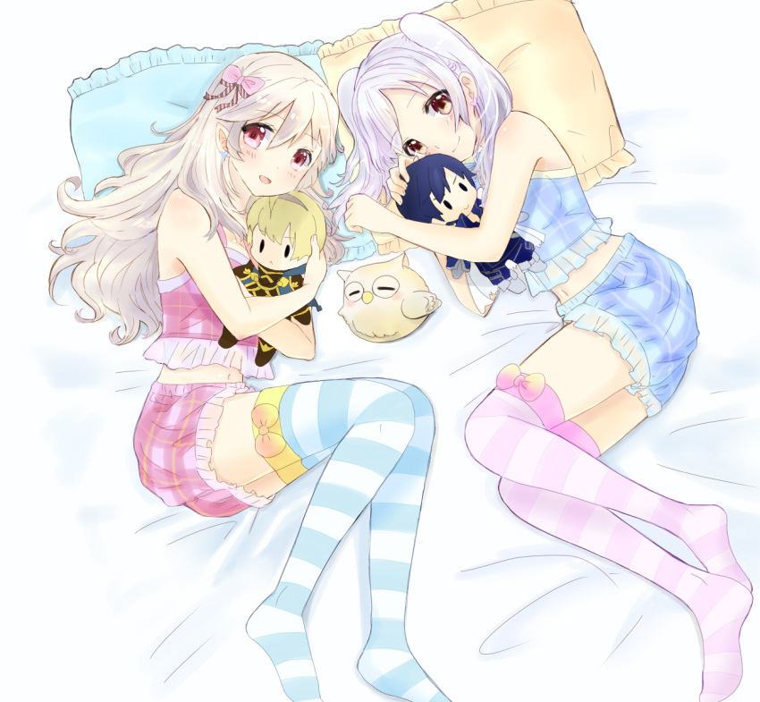 2girls :d bed_sheet blue_thighhighs blush bow bow_legwear brown_eyes character_doll chrom_(fire_emblem) closed_mouth corrin_(female)_(fire_emblem) corrin_(fire_emblem) fire_emblem fire_emblem_awakening fire_emblem_fates frilled_pillow frills gradient_bow hairbow highres hugging_object leo_(fire_emblem_fates) long_hair looking_at_viewer lying midriff multiple_girls navel on_bed on_side open_mouth pillow pink_bow pointy_ears puni_y_y purple_thighhighs red_eyes robin_(female)_(fire_emblem) robin_(fire_emblem) smile striped_clothes striped_thighhighs thighhighs twintails yellow_bow