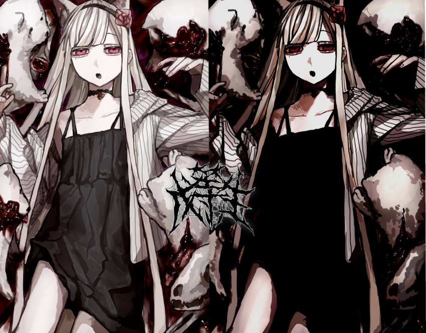 :o animal_ears animal_skull black_choker black_headband blood body_fur canine choker colored_skin dead_animal death female guro headband highres jacket long_hair lying on_back original pink_eyes signature white_fur white_jacket white_skin wuwuren