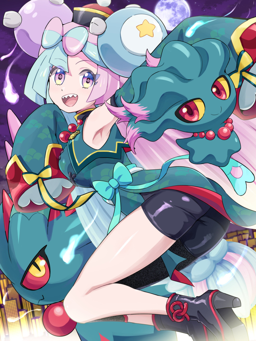 absurdres armpits bare_shoulders bike_shorts blue_hair bow-shaped_hair character_hair_ornament detached_sleeves dress female flutter_mane full_moon green_dress green_shrug green_sleeves hair_ornament hat highres iono_(fall_2024)_(pokemon) iono_(pokemon) jiangshi_costume long_hair long_sleeves looking_at_viewer magnemite misdreavus moon multicolored_hair official_alternate_costume open_mouth pink_eyes pink_hair pokemoa pokemon pokemon_(creature) pokemon_masters_ex pokemon_sv sharp_teeth single_leg_pantyhose sleeves_past_fingers sleeves_past_wrists smile split-color_hair teeth two-tone_hair very_long_sleeves