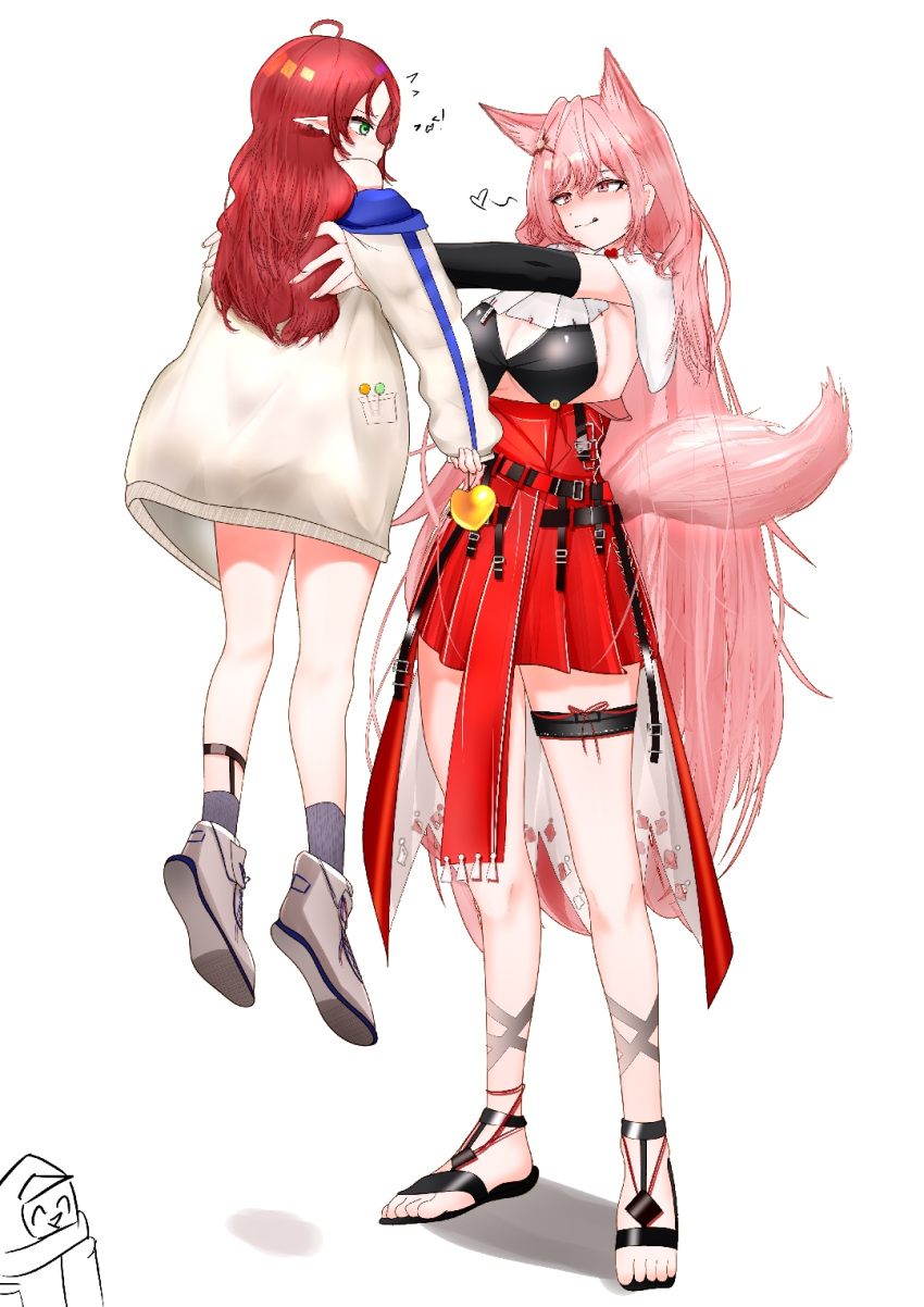 2girls animal_ears arknights bad_feet carrying carrying_person chinese_commentary commentary_request ear_piercing eye_contact full_body green_eyes grey_footwear hair_between_eyes heart high-waist_skirt highres jacket jaggy_lines long_hair long_sleeves looking_at_another multiple_girls myrtle_(arknights) piercing pink_hair pink_tail pleated_skirt pointy_ears pozyomka_(arknights) profile red_hair red_skirt sandals shoe_soles shoes simple_background skirt standing tail thigh_strap very_long_hair waist_cape white_background white_jacket xiwang_ni_kaixin_de_suo_suo_zi