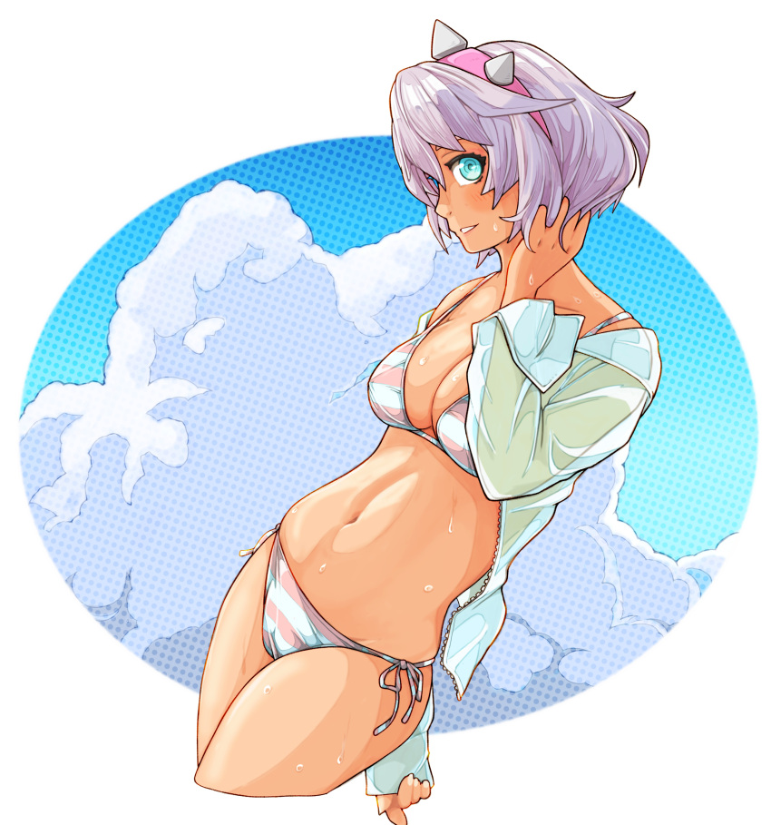 absurdres bikini blue_eyes border breasts cloud cloudy_sky cropped_legs cumulonimbus_cloud elphelt_valentine female guilty_gear guilty_gear_strive hairband hand_in_own_hair highres navel open_clothes open_shirt outside_border parted_lips pink_bikini pink_hair pink_hairband shirt short_hair side-tie_bikini_bottom sky solo spiked_hairband spikes striped_bikini striped_clothes sugajyun swimsuit two-tone_bikini wet white_bikini white_border white_shirt