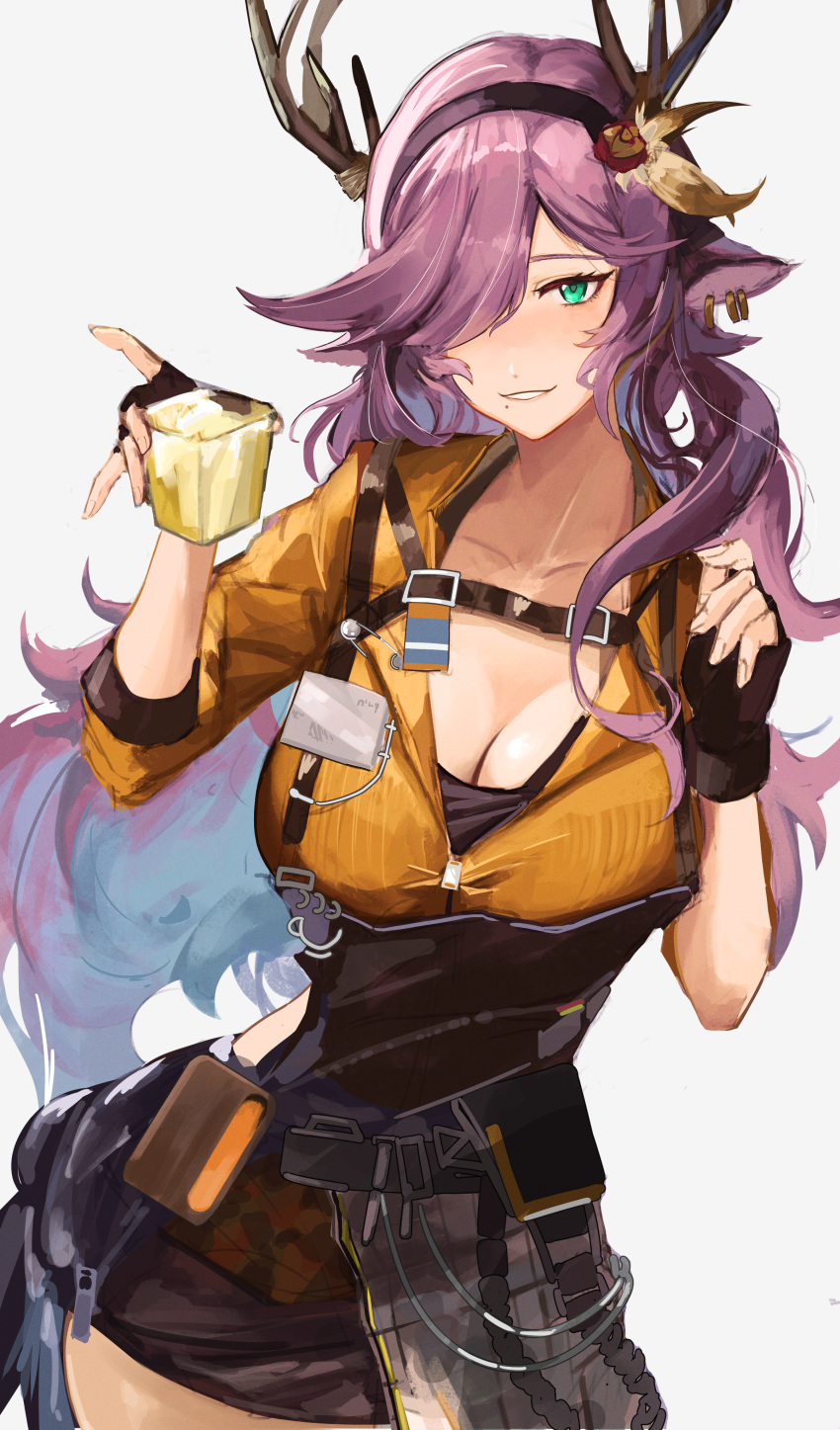 absurdres alcohol animal_ears antlers apron arknights black_apron black_gloves black_hairband breasts chest_strap cleavage coldshot_(arknights) cowboy_shot cup deer_antlers deer_ears deer_girl ear_tag female fingerless_gloves gloves green_eyes hair_ornament hair_over_one_eye hairband highres holding holding_cup horns hrk_(dxez4457) large_breasts long_hair looking_at_viewer mole mole_under_mouth parted_lips purple_hair shirt smile solo whiskey yellow_shirt