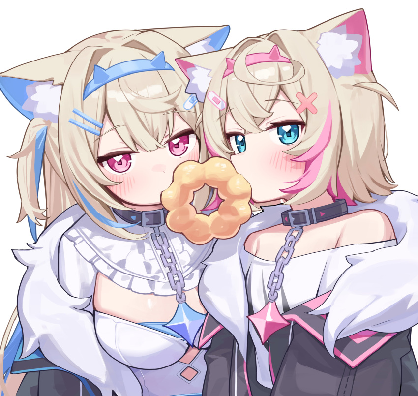 2girls absurdres animal_collar animal_ears bandaid bandaid_hair_ornament bare_shoulders black_collar black_jacket blonde_hair blue_eyes blue_hair blue_hairband blush breasts collar commentary crossed_bangs deaver dog_ears dog_girl double-parted_bangs doughnut dress fake_horns flat_chest food fur-trimmed_jacket fur_trim fuwawa_abyssgard fuwawa_abyssgard_(1st_costume) hair_intakes hair_ornament hairband hairclip highres hololive hololive_english horns jacket large_breasts long_hair looking_at_viewer mococo_abyssgard mococo_abyssgard_(1st_costume) mouth_hold multicolored_hair multiple_girls off_shoulder pink_eyes pink_hair pink_hairband pon_de_ring shirt short_hair siblings simple_background sisters streaked_hair twins two_side_up upper_body virtual_youtuber white_background white_dress white_shirt x_hair_ornament