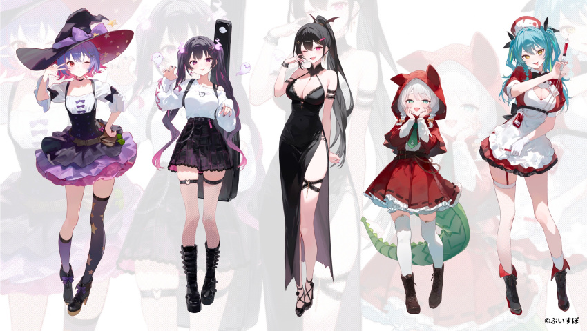 5girls absurdres alternate_costume animal_ear_hood ankle_boots aotsuki_remia apron aqua_hair arm_bow arm_strap asymmetrical_legwear back_bow belly_chain belt belt_boots black_belt black_bow black_bowtie black_footwear black_hair black_nails black_skirt bloomers blouse bodice boots bow bowtie bra_strap braid braided_sidelock breasts brown_belt brown_footwear capelet cleavage_cutout clothing_cutout collared_dress colored_inner_hair cross-laced_footwear curled_fingers dirndl double-parted_bangs dress earrings fangs fishnet_thighhighs fishnets fold-over_boots fold-over_shoes footwear_bow full_body garter_straps german_clothes ghost green_eyes green_necktie hair_between_eyes hair_intakes hair_ornament hairbow hairpin halter_dress halterneck hand_on_own_hip hands_on_own_cheeks hands_on_own_face hat hat_bow heart heart_earrings heart_o-ring high-waist_skirt high_heel_boots high_heels high_ponytail highres holding holding_syringe hood hooded_capelet instrument_case instrument_case_on_back jewelry jisaki_jira knee_boots kneehighs kuroha_arya lace-trimmed_collar lace-trimmed_dress lace-trimmed_skirt lace-up_boots lace_trim large_breasts layered_skirt long_dress long_hair long_sleeves looking_at_viewer maid maid_apron medium_breasts medium_hair mikure_narin multicolored_clothes multicolored_hair multicolored_skirt multiple_belts multiple_girls multiple_hairpins necktie nurse_cap o-ring o-ring_thigh_strap one_eye_closed open_mouth orange_bow parted_bangs pinafore_dress pink_eyes pink_hair pink_ribbon plaid_clothes plaid_skirt pleated_dress ponytail puffy_long_sleeves puffy_short_sleeves puffy_sleeves purple_bow purple_eyes purple_hair red_capelet red_dress red_eyes ribbon ribbon-trimmed_dress shirt short_dress short_hair short_sleeves side_slit sidelocks single_fishnet_legwear single_garter_strap single_thighhigh skirt sleeve_ribbon sleeveless sleeveless_dress small_breasts smile socks solari_riko soybean_(hisoybean) star_(symbol) star_print streaked_hair sweater sweater_tucked_in syringe tail thigh_strap thighhighs tongue tongue_out twin_braids twintails two-tone_hair two-tone_skirt two_side_up unconventional_maid uneven_legwear v virtual_youtuber vspo! vspo!_en waist_bag white_background white_bloomers white_hair white_thighhighs wide_sleeves witch_hat yellow_eyes zoom_layer