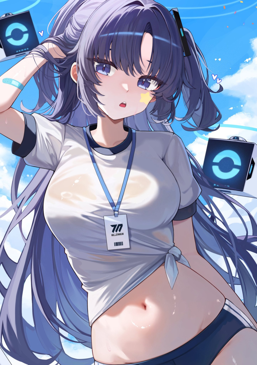 blue_archive blue_buruma buruma drone female gym_uniform highres id_card kkato lanyard navel official_alternate_costume shirt solo star_sticker sticker_on_face tied_shirt wet wet_clothes wet_shirt white_shirt yuuka_(blue_archive) yuuka_(track)_(blue_archive)