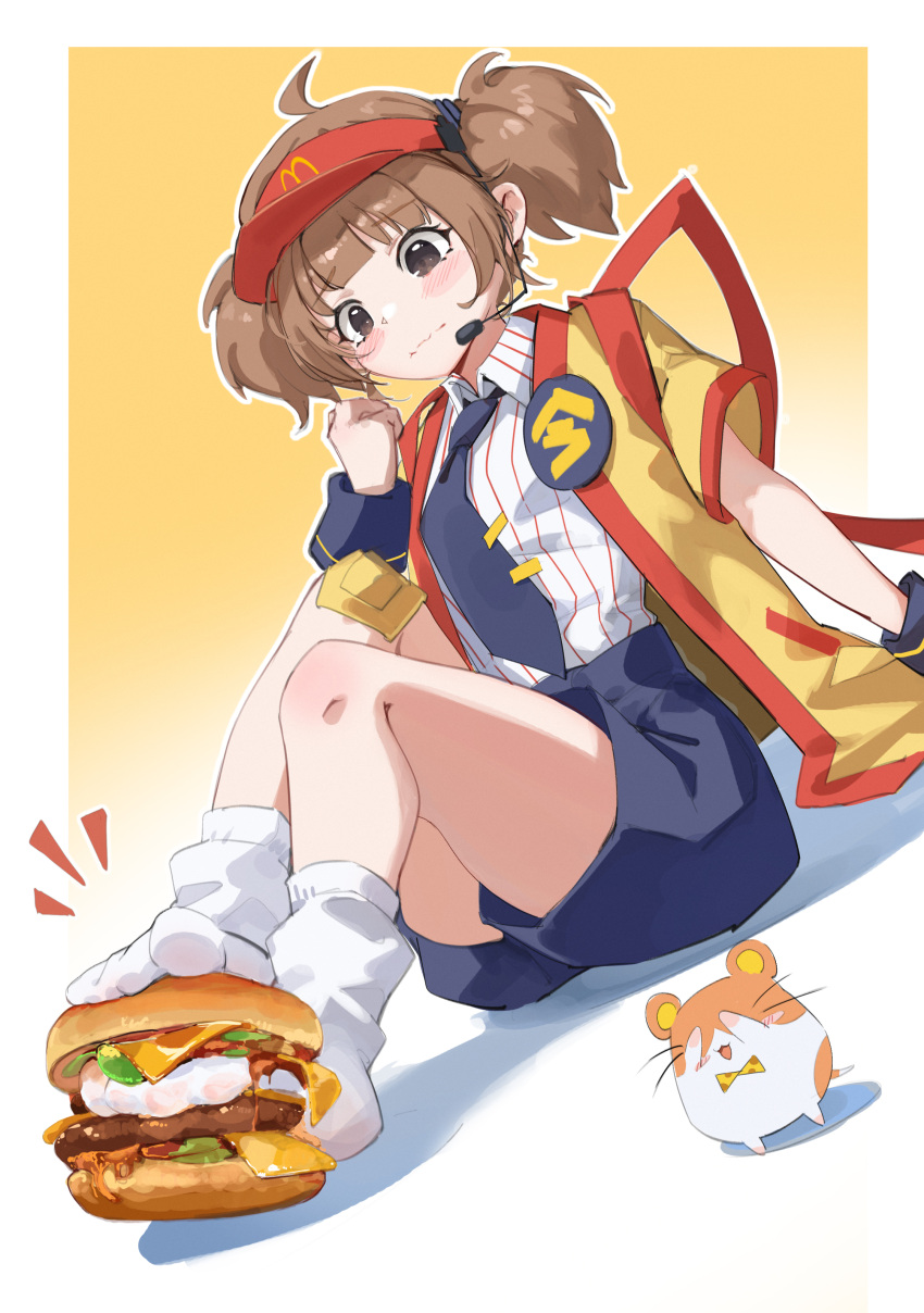 absurdres badge black_eyes blue_pants brown_hair burger button_badge commentary_request double_cheese_(mcdonald's) earpiece employee_uniform fast_food_uniform feet feet_in_food female food food_on_foot gauze_on_knee gradient_background hamster happi highres japanese_clothes mcdonald's no_shoes open_happi outside_border pants pinstripe_pattern pinstripe_shirt shirt simple_background sitting socks tie_clip toes visor_cap white_socks xun_li_eins yellow_background yellow_happi