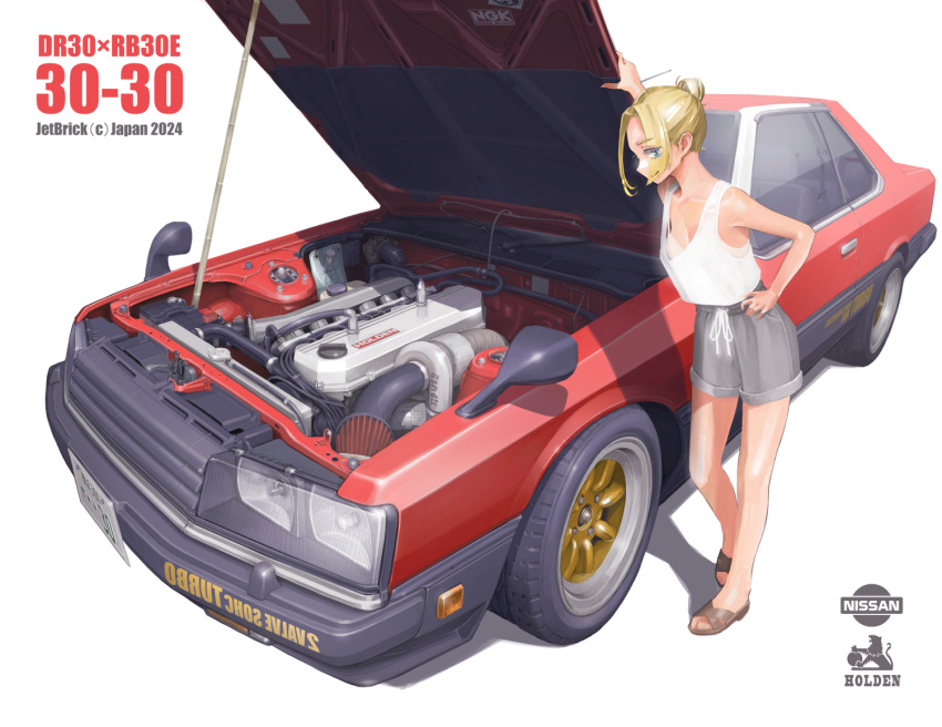 2024 arm_up artist_name blonde_hair breasts car cleavage closed_mouth commentary_request engine female grey_shorts hair_bun hand_on_own_hip jettoburikku license_plate motor_vehicle nissan nissan_skyline open_car_hood original red_car shorts simple_background single_hair_bun sleeveless smile solo standing tank_top vehicle_focus vehicle_request watermark white_background white_tank_top