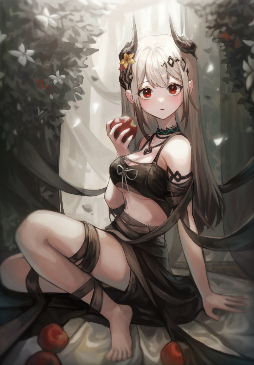 absurdres apple arknights bare_shoulders bikini bitten_apple black_bikini black_horns breasts cleavage female flower food food_bite fruit full_body grey_hair hair_flower hair_ornament highres holding holding_food holding_fruit horns infection_monitor_(arknights) jewelry kkuduck_illust large_breasts long_hair looking_at_viewer mudrock_(arknights) mudrock_(silent_night)_(arknights) necklace official_alternate_costume parted_lips pointy_ears red_eyes sarong sitting solo swimsuit yellow_flower