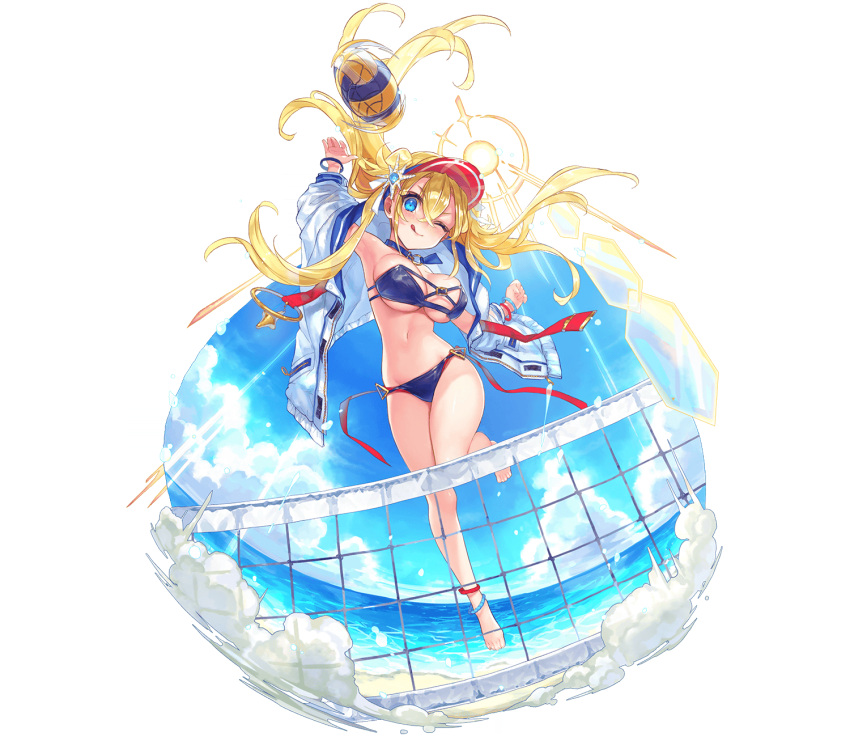 ;) aqua_eyes arm_up bikini blonde_hair blue_bikini blue_sky bracelet breasts cloud cloudy_sky crossed_bangs day female floating_hair full_body grayside_(phantom_of_the_kill) hair_between_eyes hair_ornament hand_up highres jacket jewelry jumping large_breasts licking_lips long_hair looking_at_viewer motion_lines navel ocean official_alternate_costume official_art one_eye_closed open_clothes open_jacket outdoors phantom_of_the_kill scrunchie sky smile solo sun swimsuit third-party_source tongue tongue_out transparent_background twintails two_side_up visor_cap volleyball volleyball_net white_jacket yamori_(gumi)