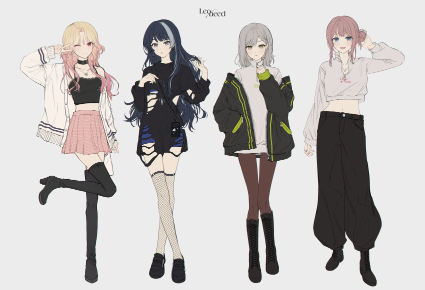 4girls absurdres alternate_costume alternate_hairstyle arm_up black_footwear black_hair black_jacket black_pants blonde_hair blue_eyes blue_hair boots braid brown_hair closed_mouth crop_top dress fishnets full_body green_eyes grey_background grey_hair high_heels highres hinomori_shiho hoshino_ichika_(project_sekai) jacket jewelry knee_boots lomo_(81159) long_hair long_sleeves looking_at_viewer midriff mochizuki_honami multicolored_hair multiple_girls navel necklace off_shoulder one_eye_closed pants pantyhose pink_eyes pink_hair pink_skirt project_sekai red_eyes shirt short_hair simple_background skirt smile standing standing_on_one_leg streaked_hair sweater tenma_saki thigh_boots thighhighs v