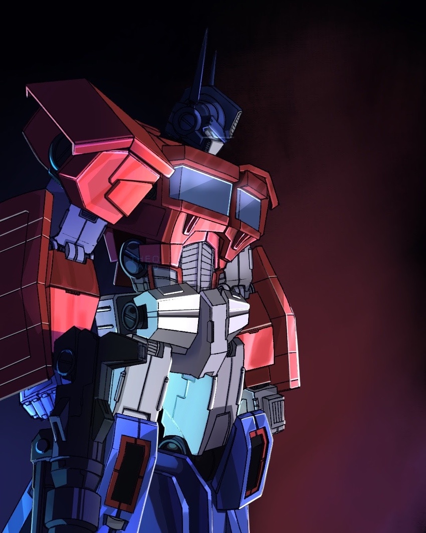 alt_text artist_name autobot blue_eyes english_commentary glowing glowing_eyes gradient_background gun highres holding holding_gun holding_weapon looking_down mecha no_humans optimus_prime optimus_prime_(idw) photo-referenced robot science_fiction solo the_transformers_(idw) theo_aud transformers watermark weapon