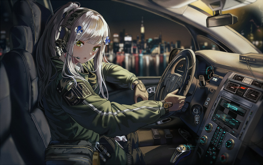 agent_416_(girls'_frontline) black_pantyhose building car_interior car_keys car_seat driving facial_mark female girls'_frontline gloves green_eyes green_jacket hair_ornament headphones headset hk416_(girls'_frontline) jacket keypad long_hair long_sleeves night pantyhose ponytail rear-view_mirror reflection sidelocks silence_girl sitting skyline skyscraper solo steering_wheel teardrop thigh_strap tom_clancy's_the_division water white_hair