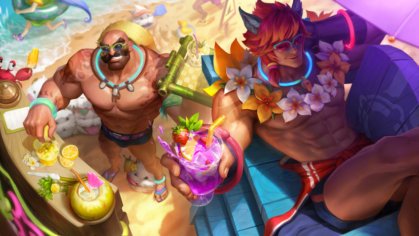 2boys abs absurdres animal_ears anklet arm_tattoo armband bad_source bar_(place) bara beach beard biceps bracelet braum_(league_of_legends) cat_ears closed_eyes coconut collar crab crossed_legs drink drinking_straw elbow_gloves facial_hair flower flower_collar food fruit fruit_cup glasses gloves highres ina_wong jewelry knife large_pectorals league_of_legends lemon lemon_slice lifeguard lifeguard_chair male_focus male_swimwear manly mature_male moustache multiple_boys muscular muscular_male navel ocean official_art outdoors pectorals pool_party_braum pool_party_sett pool_party_zoe popsicle poro_(league_of_legends) red_eyes sand sandals sett_(league_of_legends) sitting skirt smile strawberry swim_briefs tattoo thick_arms thick_eyebrows thick_thighs thighs topless_male visor_cap water whistle whistle_around_neck zoe_(league_of_legends)