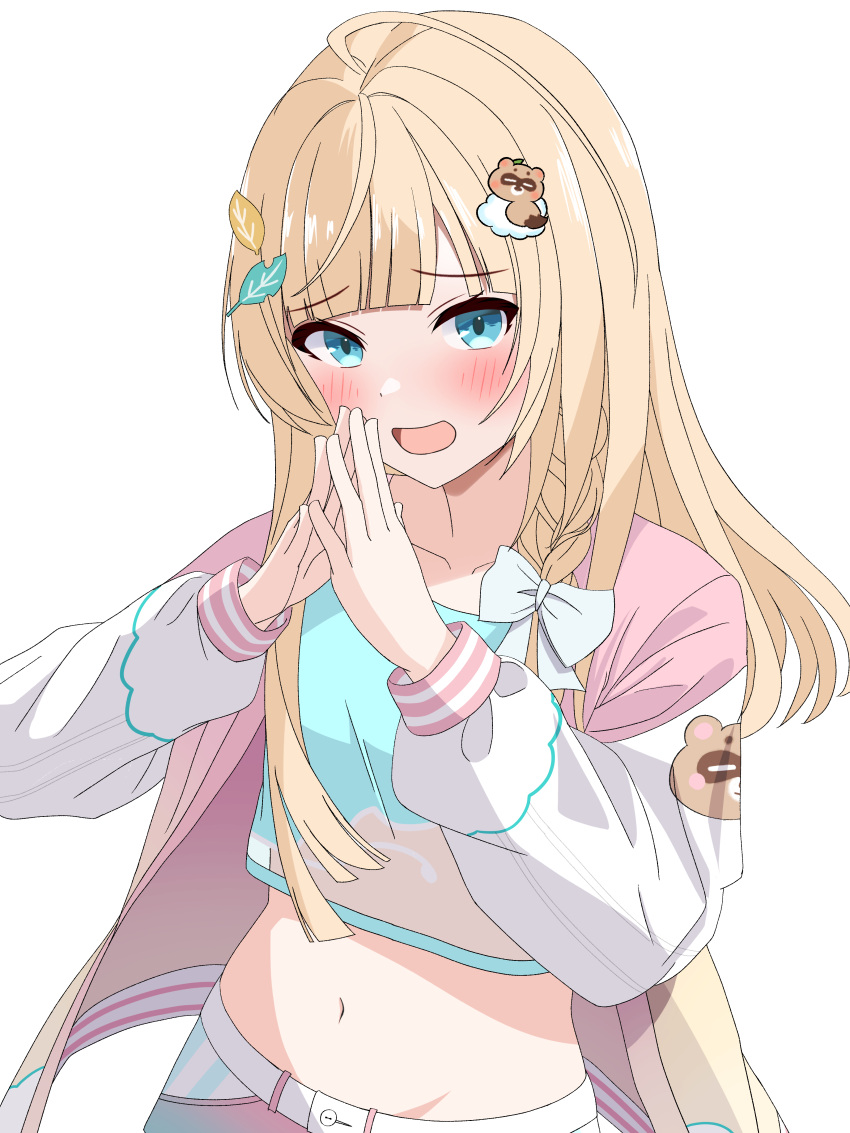 absurdres ahoge blonde_hair blue_eyes blue_shirt blush cropped_shirt feathers female flat_chest hair_ornament hairpin highres hololive jacket kazama_iroha kazama_iroha_(streetwear) kuchitani leaf_hair_ornament letterman_jacket looking_at_viewer medium_hair navel open_mouth pink_jacket shirt solo virtual_youtuber white_background