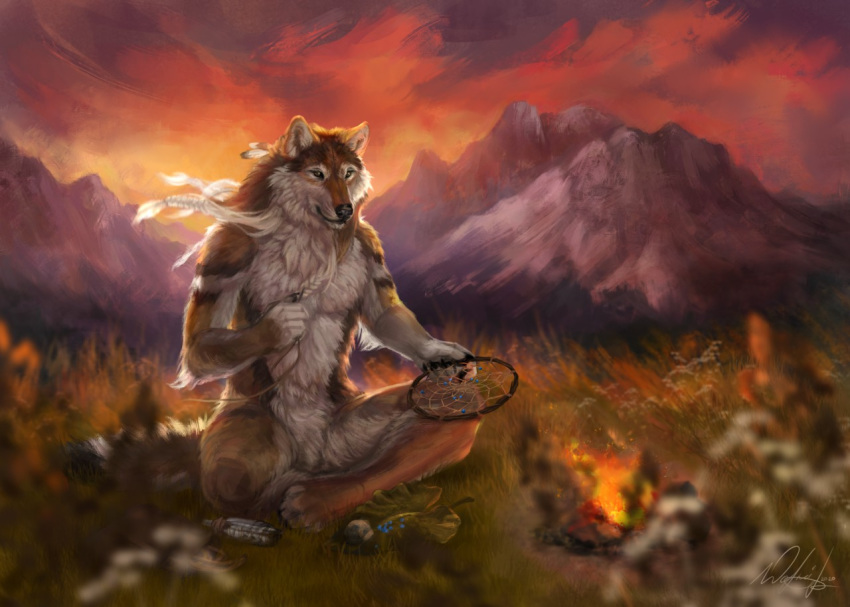 2020 4_toes 5_fingers anthro black_nose brown_body brown_fur canid canine canis day detailed_background digital_media_(artwork) dreamcatcher feet fingers fire fur grass grey_body grey_fur male mammal outside plant sky solo toes white_body white_fur wolf wolnir