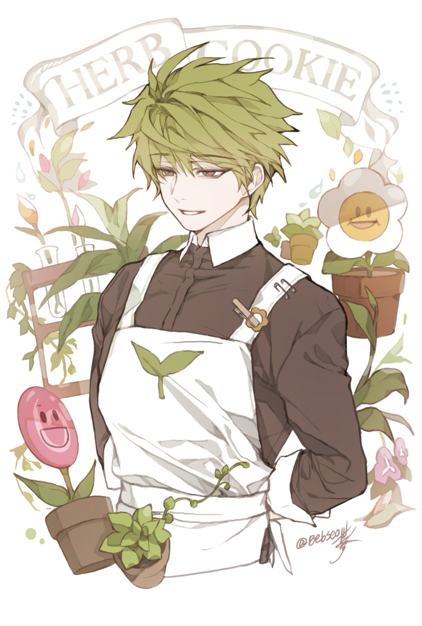 1boy :d apron arms_behind_back bebseo brown_eyes brown_shirt candy character_name clothes_pin collared_shirt cookie_run flower flower_pot food green_hair herb_cookie highres humanization leaf leaf_print lollipop male_focus petals pink_flower plant potted_plant safety_pin shirt short_hair signature smile solo test_tube upper_body water_drop white_apron white_background white_flower