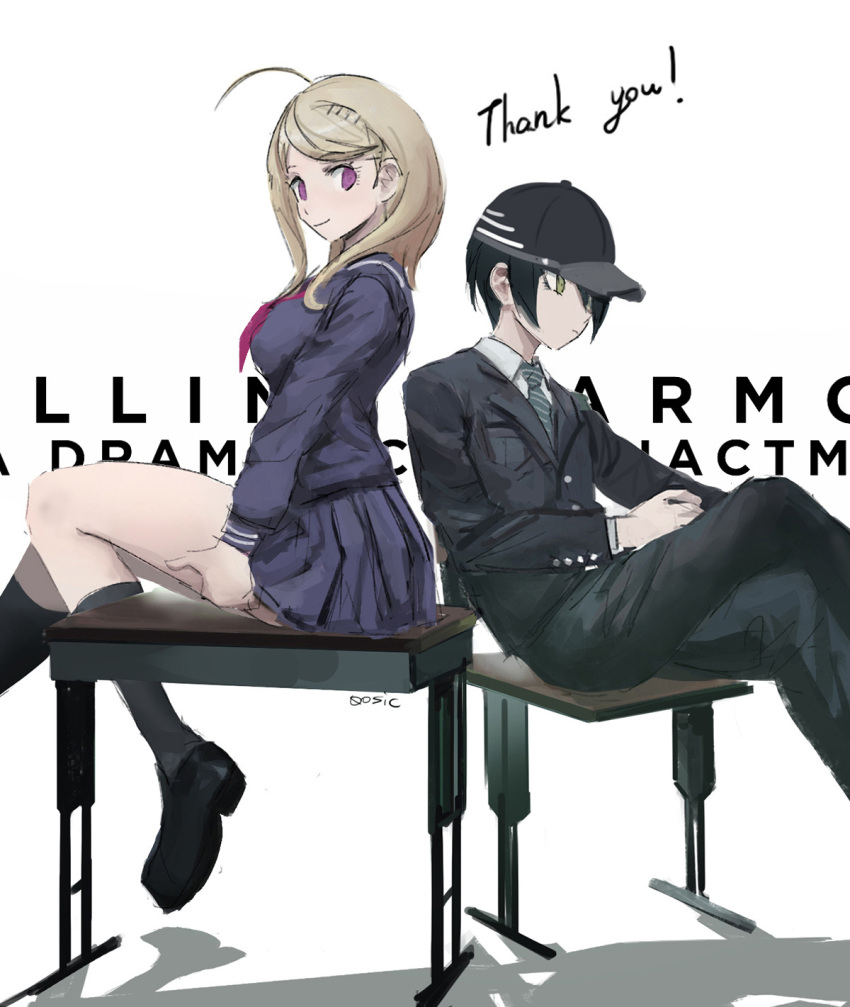 1boy ahoge akamatsu_kaede artist_name bangs black_footwear black_hair black_headwear black_jacket black_legwear black_pants black_shirt black_skirt blonde_hair breasts brown_eyes chair commentary danganronpa_(series) danganronpa_v3:_killing_harmony desk feet_out_of_frame female from_side hat highres jacket kneehighs long_hair long_sleeves looking_at_viewer medium_breasts necktie official_alternate_costume pants purple_eyes qosic saihara_shuuichi school_chair school_desk school_uniform shirt sitting skirt striped striped_neckwear thank_you white_shirt