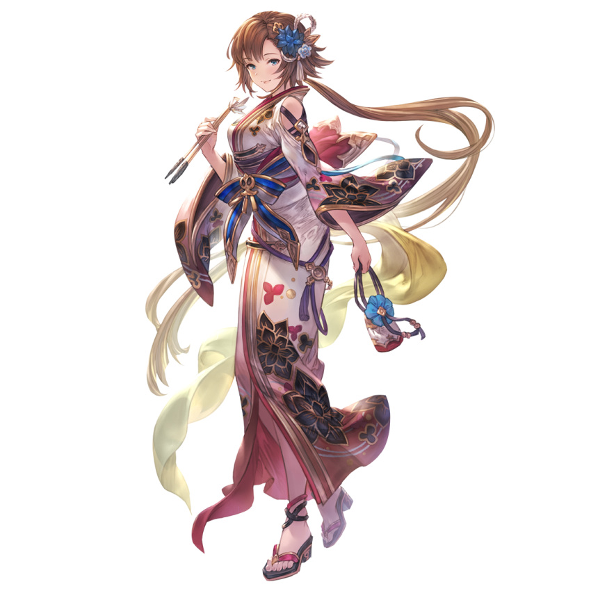 arm_at_side blue_eyes brown_hair closed_mouth female full_body granblue_fantasy hair_ornament hand_up japanese_clothes kanzashi kimono kinchaku leona_(granblue_fantasy) long_hair minaba_hideo official_art pouch print_kimono shoes simple_background smile solo standing transparent_background yukata