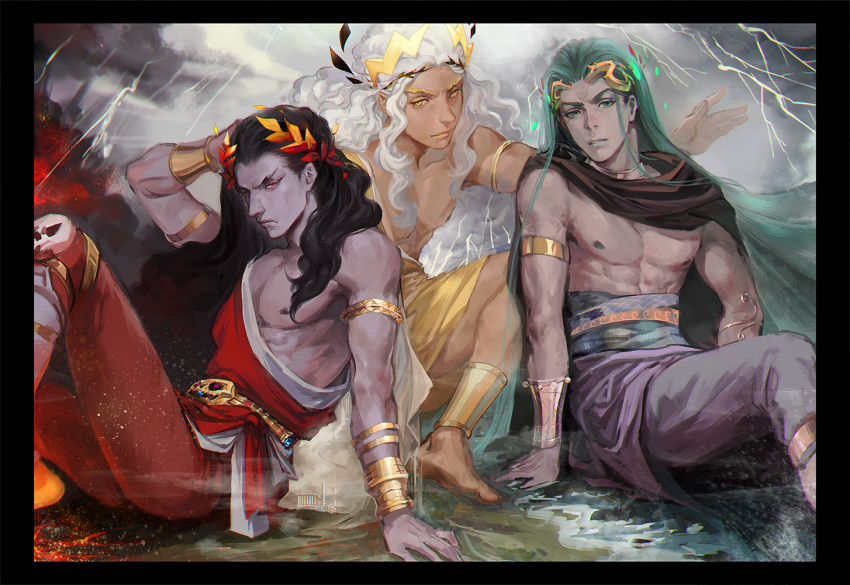 3boys aged_down ancient_greek_clothes aqua_eyes aqua_hair bad_id bad_pixiv_id black_border black_hair border brothers cape changye chinese_commentary commentary dark-skinned_male dark_skin greco-roman_clothes hades_(hades) hades_(series) hades_1 laurel_crown long_hair male_focus multiple_boys poseidon_(hades) red_eyes siblings single_bare_shoulder sitting toned toned_male topless_male water white_hair yellow_eyes zeus_(hades)