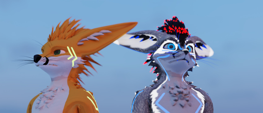 2023 3d_(artwork) 7:3 :| absurd_res anthro arms_at_sides big_ears big_pupils black_body black_feathers black_whiskers blue_background blue_body blue_eyes blue_feathers blue_sky blue_tattoo blue_teeth blue_whiskers canid canine day depth_of_field digital_media_(artwork) dilated_pupils dipstick_ears duo ear_markings ear_tuft eye_markings facial_markings feathers flimsy_fox_(artist) flimsy_fox_(character) fox fur green_eyes green_tattoo grey_body grey_fur head_markings hi_res hybrid looking_aside looking_forward male mammal markings multicolored_ears orange_body orange_feather_hair orange_fur outside pupils red_body red_feathers rexouium serious simple_background sky snout snout_markings staring_off tattoo teeth tuft whiskers white_body white_ear_tips white_fur white_tuft wide_eyed