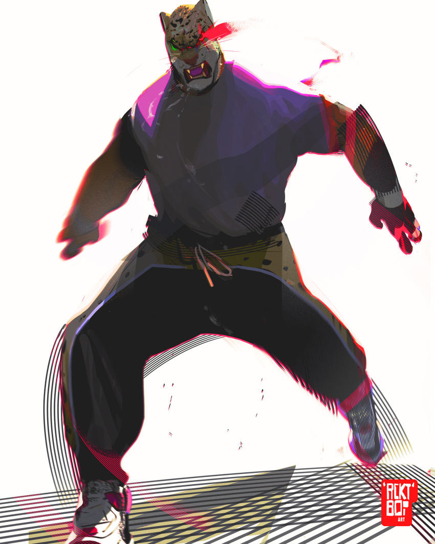 4:5 absurd_res animal_humanoid bottomwear clothing felid glowing glowing_eyes green_eyes hi_res humanoid jaguar king_(tekken) male malx mammal oversized_bottomwear oversized_clothing oversized_pants pantherine pants red_eyes simple_background solo tekken tekken_3 white_background