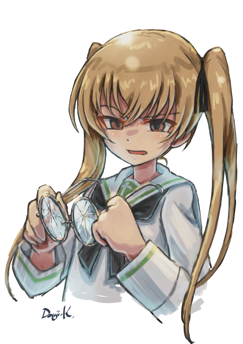 artist_name black_ribbon broken_eyewear brown_eyes brown_hair commentary cropped_torso female frown girls_und_panzer glasses hair_ribbon highres holding holding_removed_eyewear kuroneko_douji long_hair looking_at_viewer ooarai_school_uniform oono_aya open_mouth ribbon round_eyewear school_uniform signature simple_background solo twintails unworn_eyewear upper_body white_background