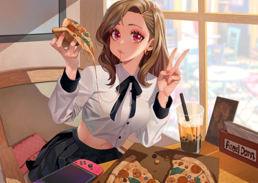 black_ribbon black_skirt brown_hair chair commentary commission cup drinking_straw earrings female food highres holding holding_food holding_pizza hongcasso indoors jewelry long_hair long_sleeves looking_at_viewer midriff navel neck_ribbon nintendo_switch original pink_eyes pizza pleated_skirt red_nails ribbon school_uniform shirt sitting skirt solo v white_shirt window