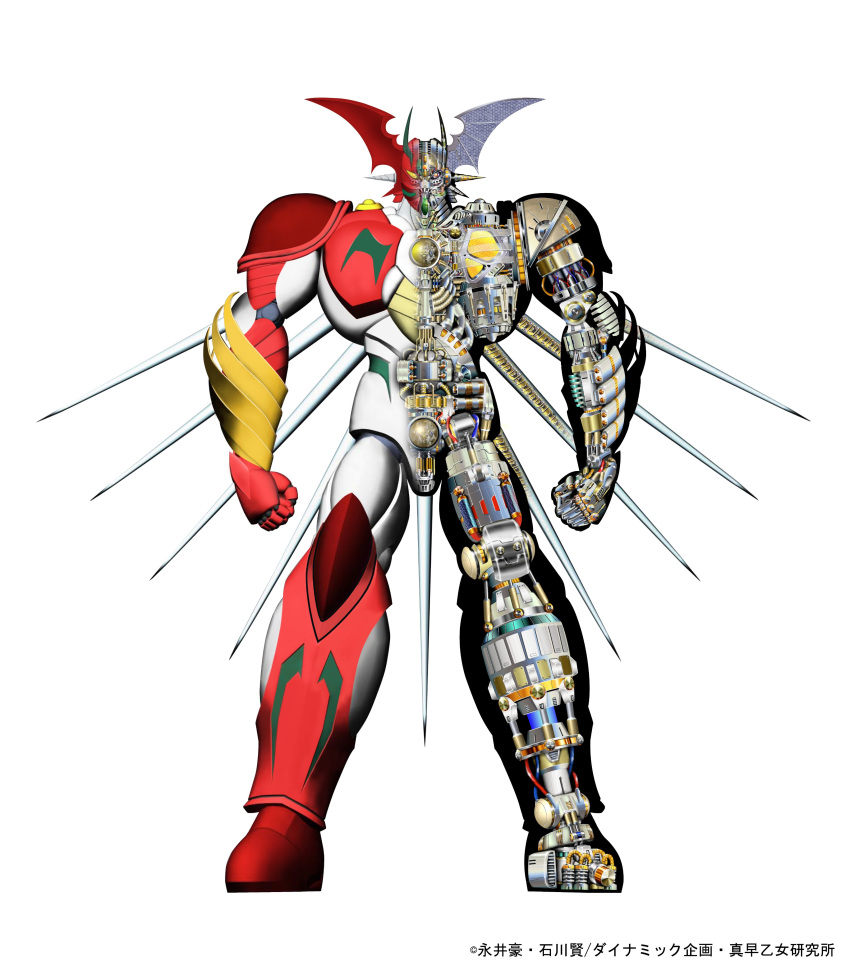 3d absurdres getter_arc getter_robo getter_robo_arc head_wings highres machinery mecha no_humans official_art robot science_fiction standing super_robot white_background wings x-ray_vision yellow_eyes