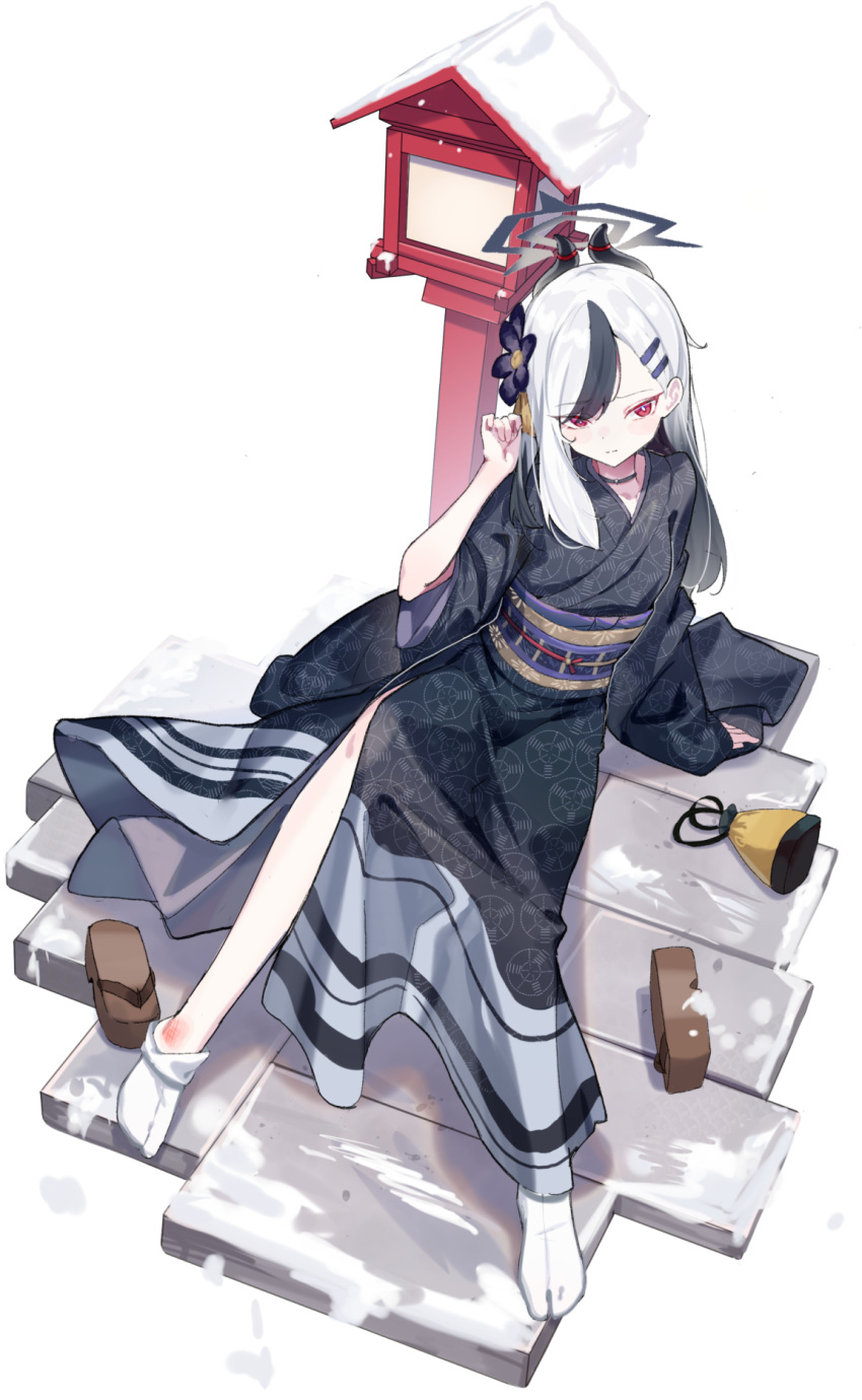 bad_id bad_pixiv_id black_choker black_hair black_kimono blue_archive choker etoile female flower full_body grey_hair hair_flower hair_ornament halo highres injury japanese_clothes kayoko_(blue_archive) kayoko_(new_year)_(blue_archive) kimono long_hair long_sleeves looking_at_viewer multicolored_hair obi official_alternate_costume red_eyes sash simple_background sitting socks solo tabi two-tone_hair white_background white_hair white_socks