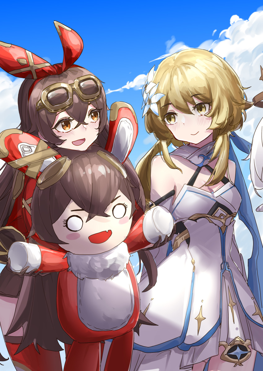 3girls :d absurdres amber_(genshin_impact) animal_ears bare_shoulders baron_bunny_(genshin_impact) belt blush blush_stickers boots breasts cape capelet cleavage closed_mouth cloud cloudy_sky day dress eyelashes flower fur_collar genshin_impact gloves goggles goggles_on_head hair_between_eyes hair_flower hair_ornament hair_ribbon halo highres holding holding_weapon long_hair long_sleeves looking_at_another lumine_(genshin_impact) multiple_girls o_o oerba_yun_fang open_mouth paimon_(genshin_impact) rabbit_ears red_dress red_ribbon ribbon sao7 shorts sky smile star_(symbol) thigh_boots thighhighs thighs weapon white_dress white_hair yellow_eyes