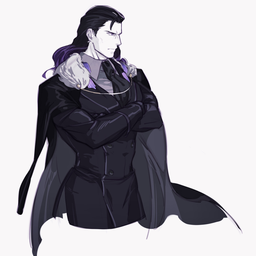 1boy alter_servant black_cape black_hair black_jacket black_suit cape closed_mouth collared_shirt crossed_arms fate/grand_order fate_(series) formal fur-trimmed_cape fur_trim gloves gradient_hair hair_slicked_back highres jacket long_hair long_sleeves male_focus multicolored_hair necktie nikola_tesla_(fate) purple_hair shirt simple_background solo suit viscontiapclyps white_background