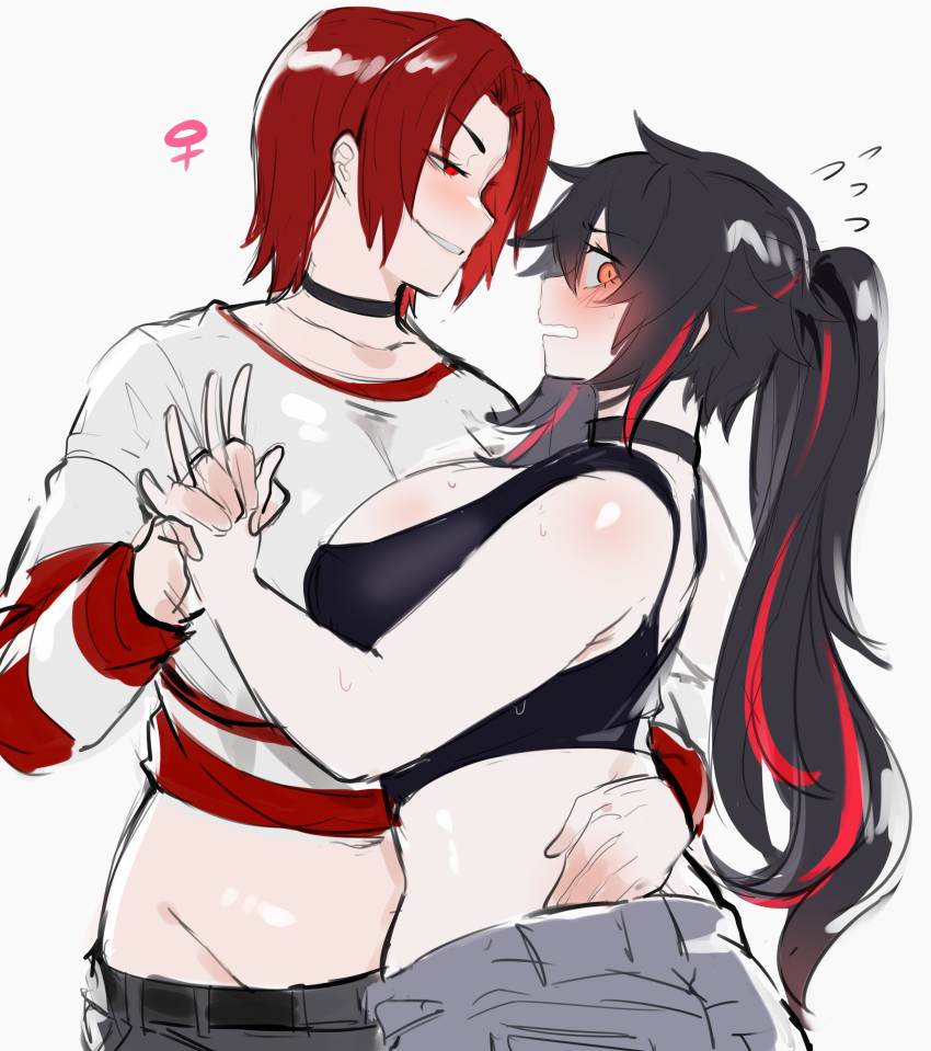 2girls absurdres arm_around_waist black_choker black_hair black_tank_top blush breasts choker commentary crop_top genderswap_(mtf) groin heart_(home_sweet_home) highres holding_hands home_sweet_home_(game) huge_breasts k_(kuayrenaiz) kurenaiz_(kuayrenaiz) long_hair lowleg lowleg_pants multicolored_hair multiple_girls orange_eyes original pants ponytail red_eyes red_hair rule_63 shirt smile streaked_hair striped_clothes striped_shirt tank_top two-tone_hair venus_symbol yuri