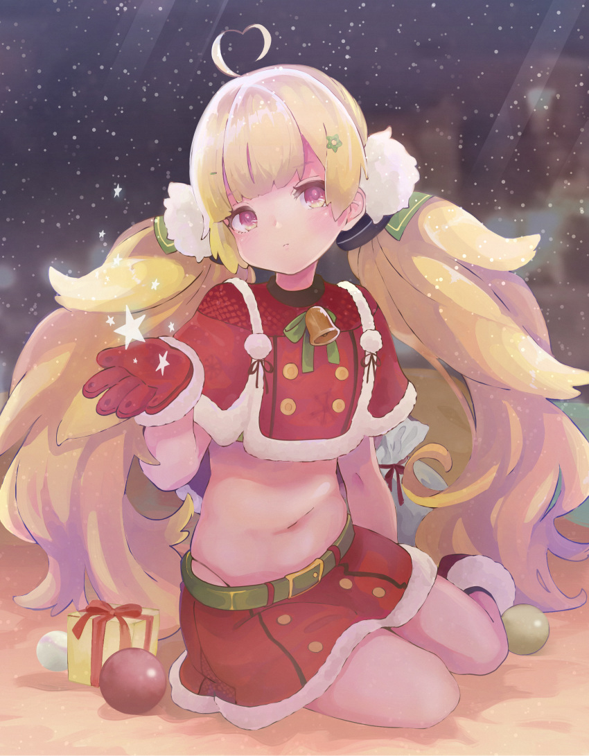 absurdres ahoge azur_lane bad_id bad_pixiv_id blonde_hair blunt_bangs box closed_mouth crop_top eldridge_(azur_lane) eldridge_(holy_night's_embrace)_(azur_lane) expressionless female fur-trimmed_gloves fur-trimmed_skirt fur_trim gift gift_box gloves head_tilt heart heart_ahoge highres hina_(bird_salty) long_hair looking_at_viewer midriff miniskirt navel official_alternate_costume pink_eyes red_gloves red_skirt santa_costume sitting skirt solo twintails very_long_hair yokozuwari