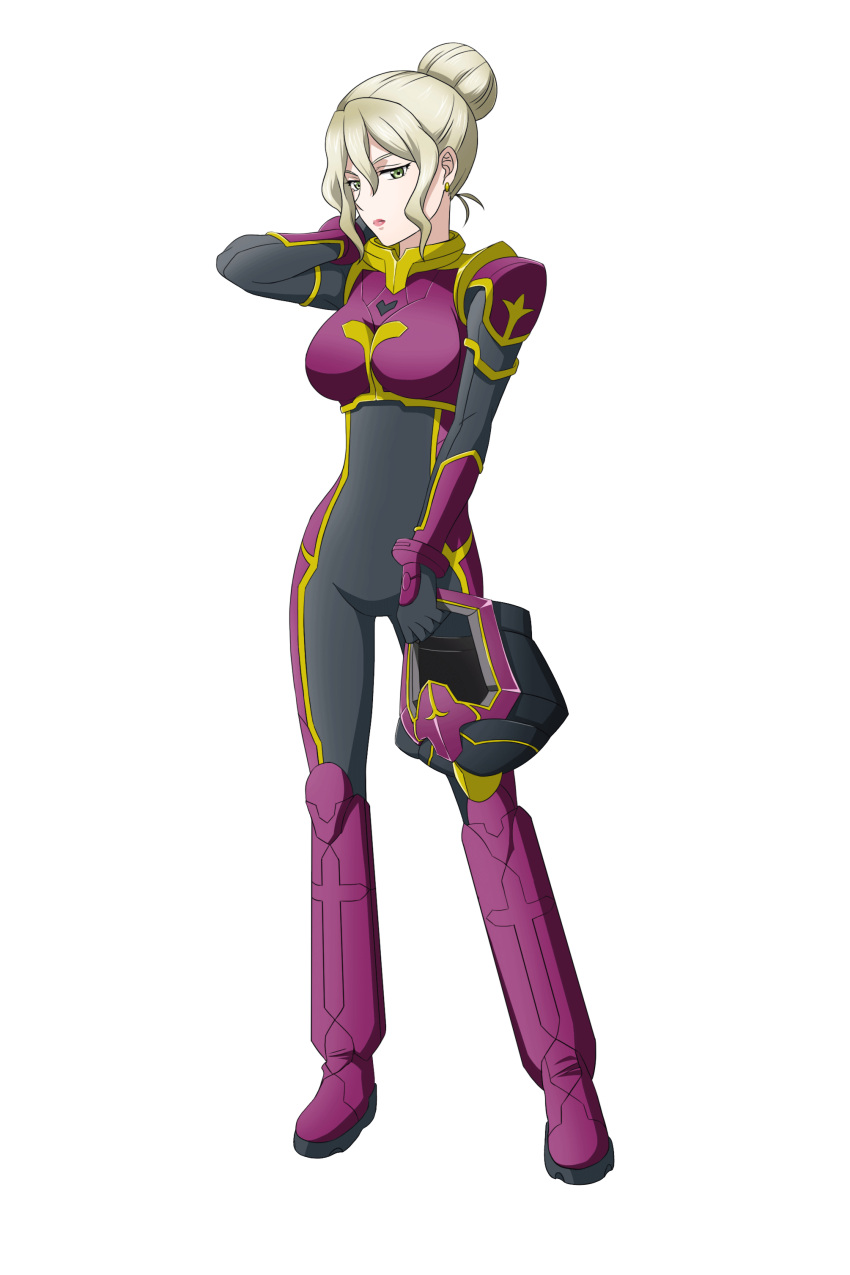 absurdres armor blonde_hair breastplate breasts buddy_complex buddy_complex:_coupling_in_battlefield female green_eyes hair_behind_ear hair_bun hand_on_own_neck helmet highres holding holding_helmet margaret_o'keefe medium_breasts official_art pilot_suit science_fiction sidelocks single_hair_bun solo transparent_background unworn_headwear unworn_helmet