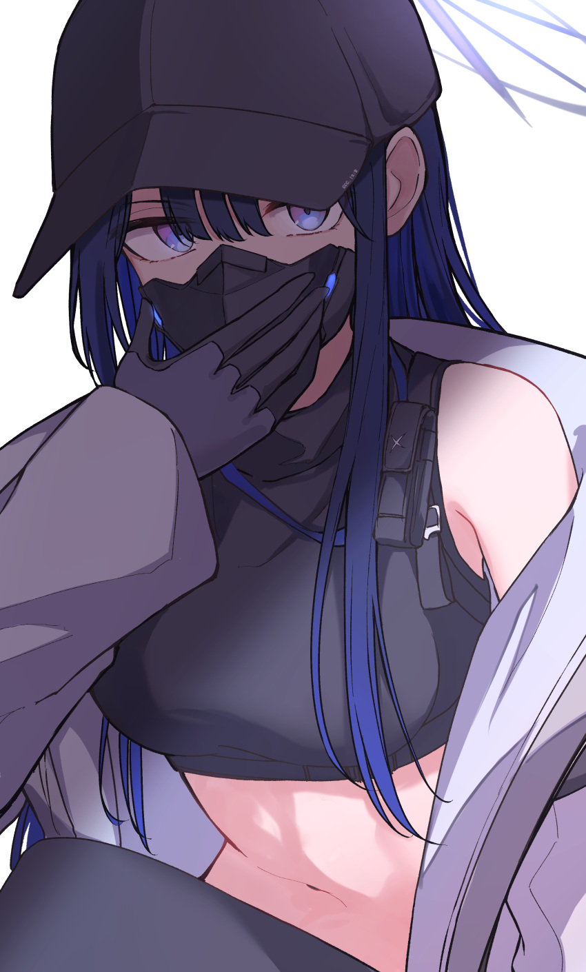 absurdres bare_shoulders baseball_cap black_gloves black_hair black_hat black_mask black_pants black_shirt blue_archive blue_eyes breasts chest_harness coat commentary crop_top female gloves halo hand_up harness hat highres kiyakyuu long_hair looking_to_the_side mask medium_breasts midriff mouth_mask navel off_shoulder open_clothes open_coat pants saori_(blue_archive) shirt simple_background sitting sleeveless sleeveless_shirt solo white_background white_coat