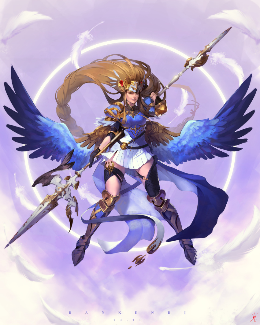 absurdres armor armored_boots armored_dress blonde_hair boots braid commission dan_kendi female helmet highres long_hair polearm purple_armor silmeria_valkyrie valkyrie valkyrie_profile_(series) very_long_hair weapon winged_helmet