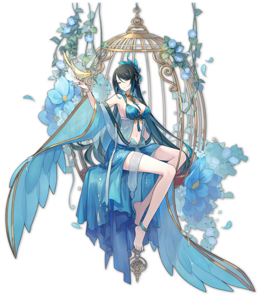 anklet barefoot bird bird_on_hand birdcage black_hair blue_dress blue_flower blue_hair blue_nails bracelet breasts cage clothing_cutout cockatiel dress feet female flower highres jewelry large_breasts leaf looking_at_animal mahjong_soul multicolored_hair nail_polish navel neck_ring necklace official_art qing_luan see-through shine_cheese sitting solo stomach_cutout tassel transparent_background