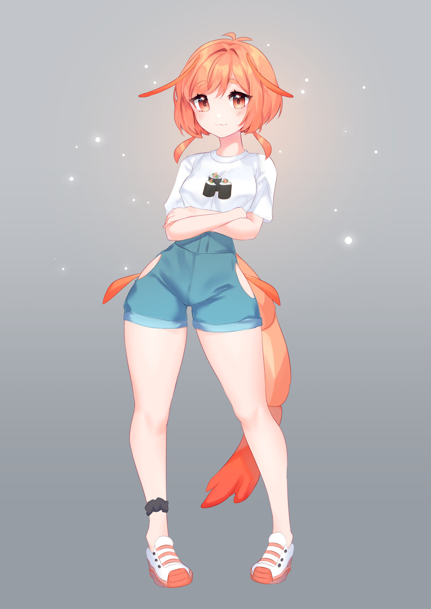 :3 absurdres ankleband antenna_hair commission commissioner_upload crossed_arms denim denim_shorts highres hip_vent niniidawns orange_eyes orange_hair original pepper_(teuthidan) shirt shirt_tucked_in shoes short_hair shorts shrimp_girl sneakers t-shirt wide_hips