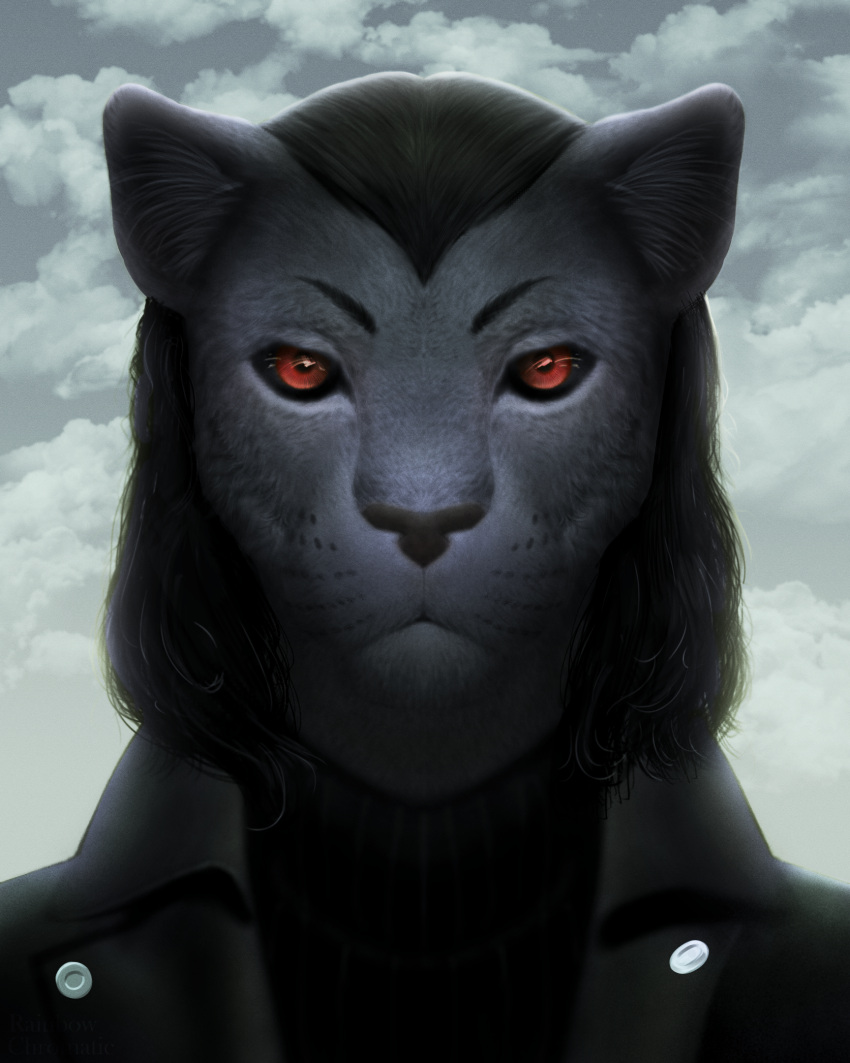 4:5 anthro cloud demon evil_eyes felid feline feline_demon hair hi_res jack_oggstrosse_(jasonvuk666) long_hair male mammal pantherine rainbow_chromatic red_eyes simple_background solo