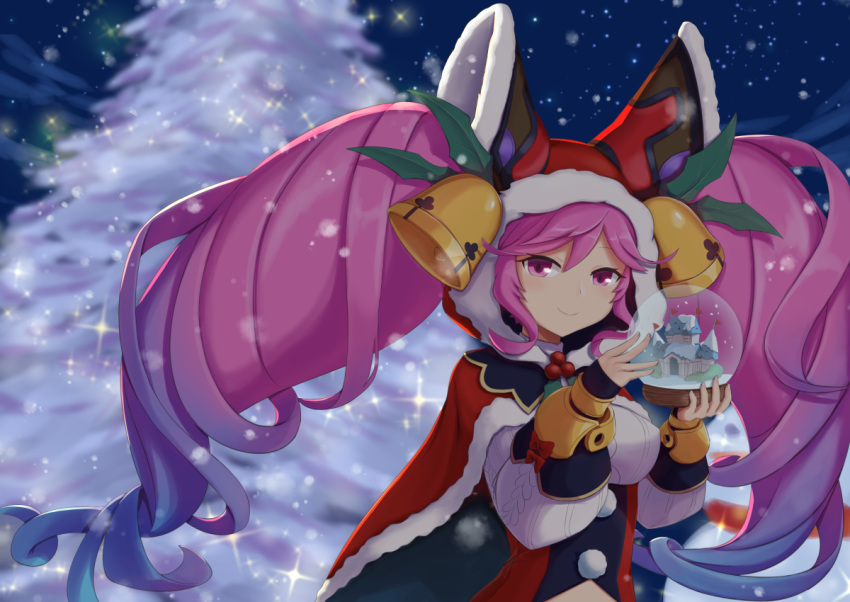 bell blue_hair blurry blurry_background breasts cape christmas christmas_tree cleo_(dragalia_lost) commentary_request cream_cod dark dragalia_lost female fur_trim gradient_hair hat_bell holding hood large_breasts light light_particles long_hair looking_at_viewer multicolored_hair night night_sky pink_eyes pink_hair puffy_sleeves santa_costume sky smile snow snow_globe snowflakes solo tree twintails upper_body very_long_hair