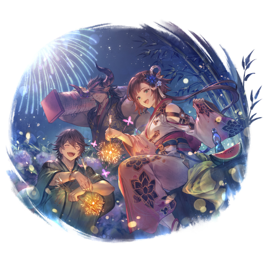 2boys black_hair brown_hair cain_(granblue_fantasy) closed_eyes draph female fireworks food fruit granblue_fantasy green_eyes hair_ornament horns japanese_clothes kanzashi kimono leona_(granblue_fantasy) minaba_hideo multiple_boys official_art one_eye_covered open_mouth print_kimono reinhardtzar senkou_hanabi sitting smile sparkler squatting standing transparent_background watermelon yukata