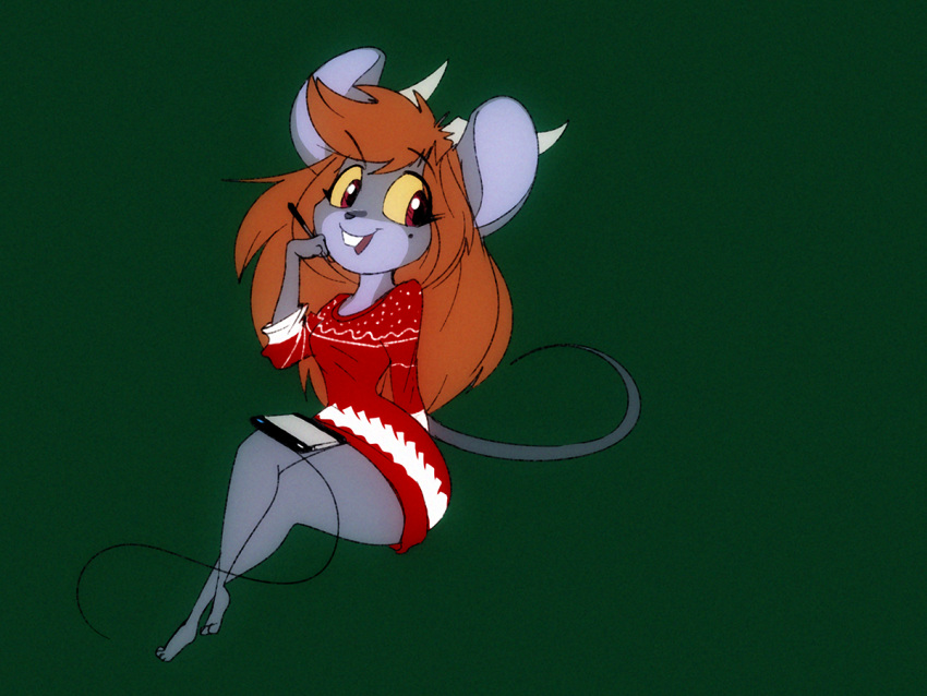 2019 4:3 anthro breasts brown_hair buckteeth christmas clothed clothing countershading dracojeff drawing_tablet drayjay feet female fur green_background grey_body grey_fur hair holidays horn humanoid_feet long_hair mammal mouse murid murine pen plantigrade red_eyes rodent simple_background sitting smile solo sweater teeth thick_thighs topwear wide_hips yellow_sclera