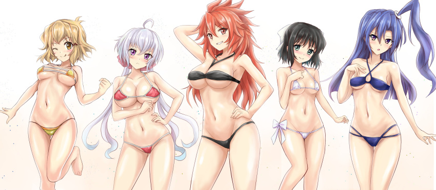 5girls ahoge amou_kanade arm_behind_head bikini black_bikini black_hair blonde_hair blue_bikini blue_eyes blue_hair blush breasts closed_mouth collarbone commentary_request green_eyes grin groin hair_ornament hair_ribbon hand_on_own_hip highres kazanari_tsubasa kohinata_miku large_breasts long_hair looking_at_viewer multiple_girls navel one_eye_closed parted_lips purple_eyes r-binon red_bikini red_eyes red_hair ribbon senki_zesshou_symphogear shiny_skin short_hair simple_background smile standing standing_on_one_leg swimsuit tachibana_hibiki_(symphogear) teeth tongue tongue_out twintails white_background white_bikini white_hair yellow_bikini yellow_eyes yukine_chris