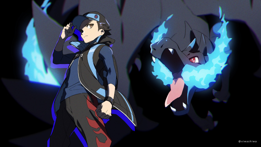 1boy alternate_color bad_id bad_twitter_id badge baseball_cap black_background black_coat blue_fire blue_shirt blurry breath_weapon brown_eyes charizard clenched_hand closed_mouth coat commentary dragon fire hand_on_headwear hat highres male_focus mega_charizard_x mega_pokemon pants pokemon pokemon_(creature) pokemon_masters_ex popped_collar red_(pokemon) red_(sygna_suit)_(pokemon) shirt short_hair sideways_glance xia_(ryugo)