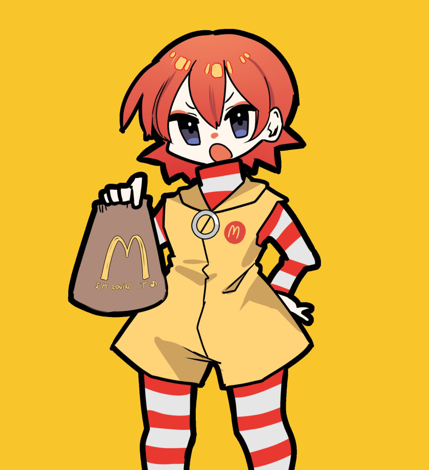 100_percent_orange_juice bag clown female hand_on_own_hip highres kasumi_koujou looking_at_viewer mcdonald's nanako_(orange_juice) open_mouth pantyhose red_hair romper ronald_mcdonald striped_clothes striped_pantyhose striped_sleeves yellow_background yellow_romper