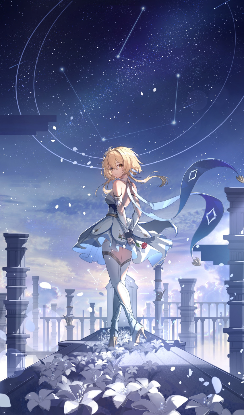 absurdres backless_dress backless_outfit bare_shoulders blonde_hair blue_cape cape closed_mouth commentary constellation cover detached_sleeves dress english_commentary female flower from_behind genshin_impact hair_flower hair_ornament high_heels highres holding holding_flower looking_at_viewer looking_back lumine_(genshin_impact) pillar red_flower red_rose rose short_hair_with_long_locks sky solo star_(sky) starry_sky textless_version thighhighs white_dress white_flower white_footwear white_sleeves white_thighhighs wide_shot yolanda