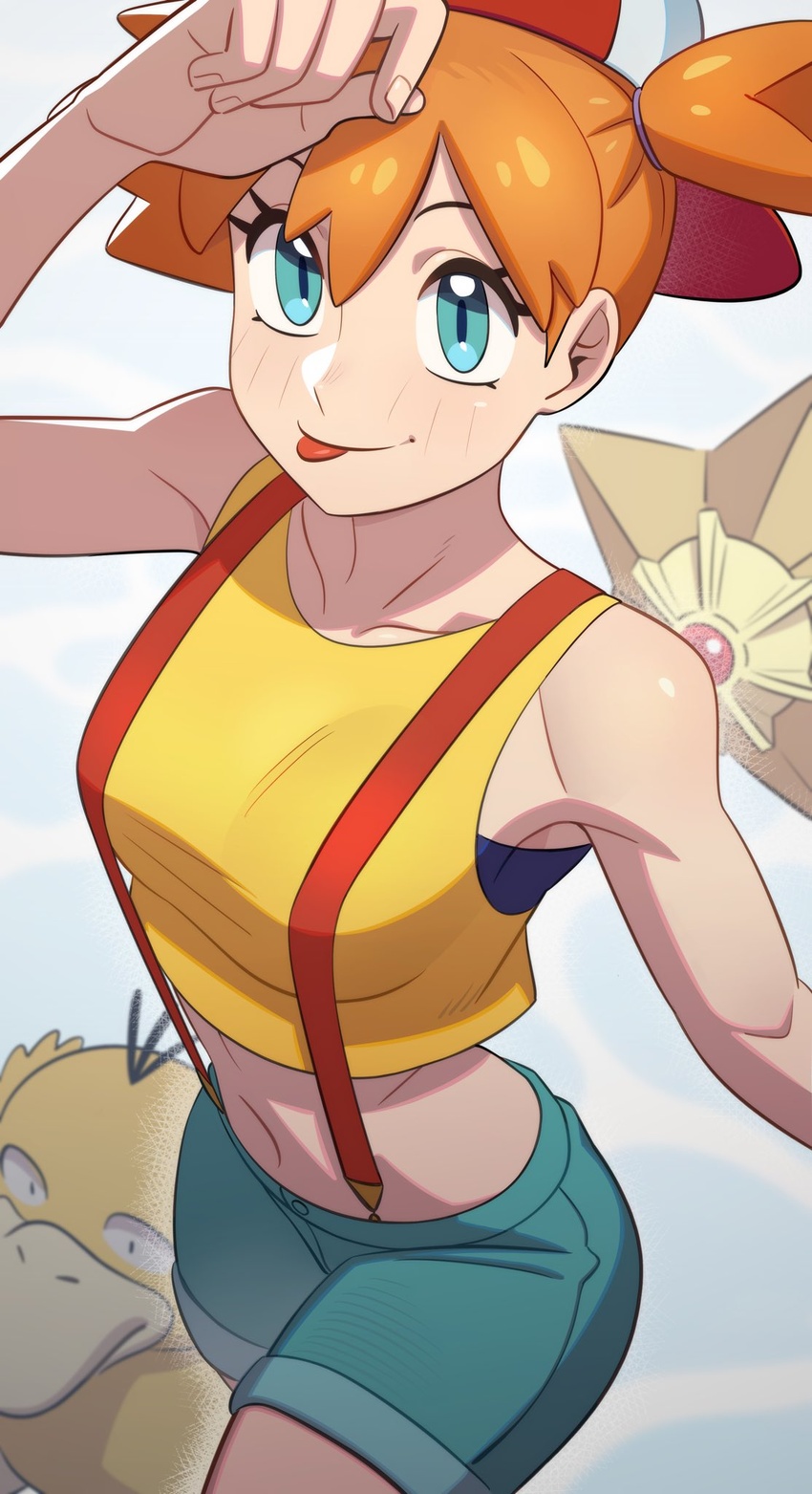 awawawaart blue_eyes blush breasts denim denim_shorts english_commentary female hair_between_eyes highres kasumi_(pokemon) looking_at_viewer navel orange_hair pokemon pokemon_(anime) pokemon_(classic_anime) pokemon_(creature) psyduck shirt short_hair shorts side_ponytail smile staryu suspender_shorts suspenders tank_top tongue tongue_out white_background yellow_shirt yellow_tank_top