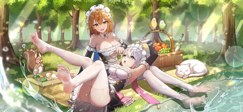 2girls absurdres apron armpits arms_up bare_shoulders blanket blonde_hair braid breasts da_qiao_&_xiao_qiao_(dragirls) dress feet food frilled_apron frills grass grey_hair highres maid maid_apron maid_headdress multiple_girls no_shoes open_mouth outdoors panties picnic picnic_basket puffy_sleeves sitting soles the_symphony_of_dragon_and_girls thighhighs tree underwear waist_apron wet wet_clothes wet_dress white_apron white_panties white_thighhighs yellow_eyes yolanda